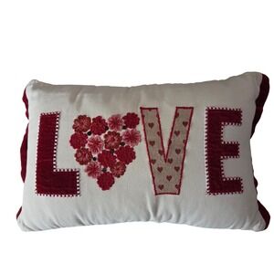 Pier‎ 1 Love Embroidered Throw Pillow Floral Heart Accent Decorative Red Cream